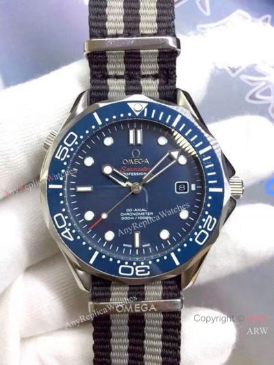 High Quality Omega James Bond Replica Watch SS Blue Dial Nato Strap